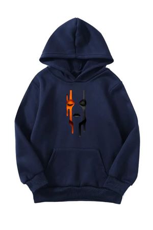 Unisex Oversize Şardonlu Kışlık Silüet Yüz Baskılı Kapüşonlu Sweatshirt - Lacivert