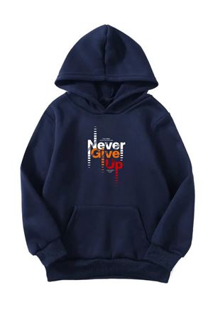 Unisex Oversize Şardonlu Kışlık Never Give Up Baskılı Kapüşonlu Sweatshirt - Lacivert