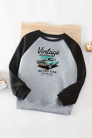 Unisex Gri-Siyah Reglan Sweatshirt – Vintage Motors Baskılı, Uzun Kollu