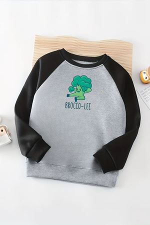 Unisex Gri-Siyah Reglan Sweatshirt – Broco Lee Baskılı, Uzun Kollu