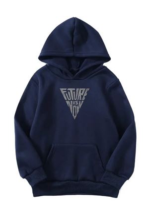 Unisex Oversize Şardonlu Kışlık Future Üçgen Baskılı Kapüşonlu Sweatshirt - Lacivert