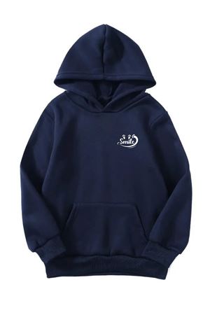 Unisex Oversize Şardonlu Kışlık Smile Minimal Baskılı Kapüşonlu Sweatshirt - Lacivert