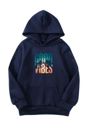 Unisex Oversize Şardonlu Kışlık Good Vibes Şehir Baskılı Kapüşonlu Sweatshirt - Lacivert