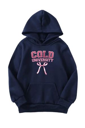 Unisex Oversize Şardonlu Kışlık Cold Universty Baskılı Kapüşonlu Sweatshirt - Lacivert