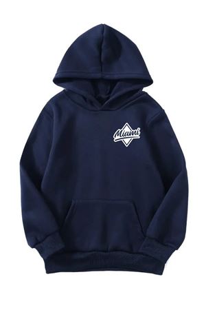 Unisex Oversize Şardonlu Kışlık Miami Minimal Baskılı Kapüşonlu Sweatshirt - Lacivert