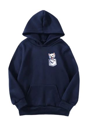 Unisex Oversize Şardonlu Kışlık Cep Detay Köpek Baskılı Kapüşonlu Sweatshirt - Lacivert