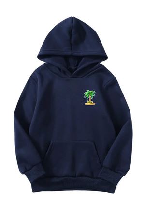 Unisex Oversize Şardonlu Kışlık Palmiye Minimal Baskılı Kapüşonlu Sweatshirt - Lacivert