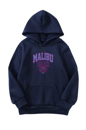 Unisex Oversize Şardonlu Kışlık Malibu Baskılı Kapüşonlu Sweatshirt - Lacivert