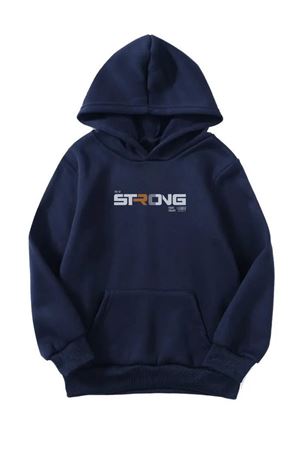 Unisex Oversize Şardonlu Kışlık Strong Baskılı Kapüşonlu Sweatshirt - Lacivert
