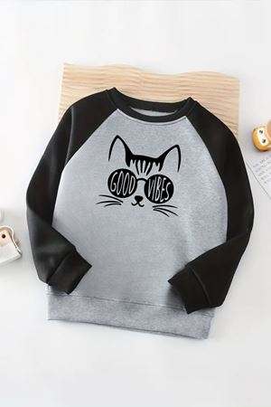 Unisex Gri-Siyah Reglan Sweatshirt – Good Vibes Kedi Baskılı, Uzun Kollu