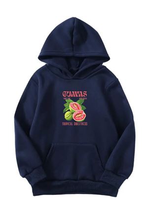 Unisex Oversize Şardonlu Kışlık Guavas Baskılı Kapüşonlu Sweatshirt - Lacivert