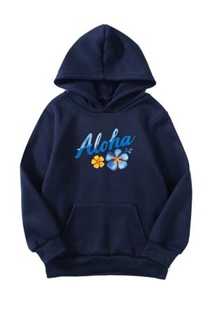 Unisex Oversize Şardonlu Kışlık Aloha Çiçek Baskılı Kapüşonlu Sweatshirt - Lacivert