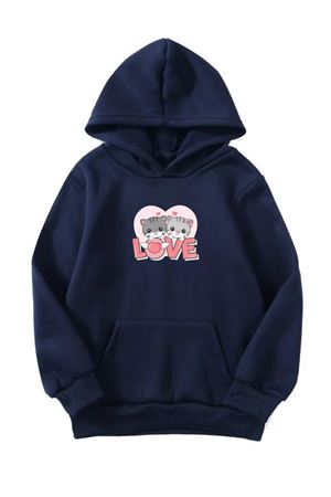 Unisex Oversize Şardonlu Kışlık İkili Love Kedi Baskılı Kapüşonlu Sweatshirt - Lacivert