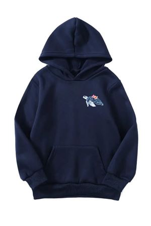 Unisex Oversize Şardonlu Kışlık Minik Kaplumbağa Baskılı Kapüşonlu Sweatshirt - Lacivert