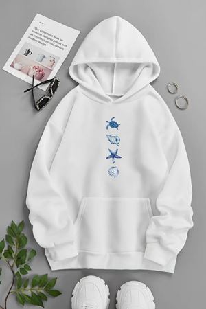 Unisex Beyaz Kapüşonlu Sweatshirt – Deniz Figürleri ,Baskılı Şardonlu Kalın Kumaş