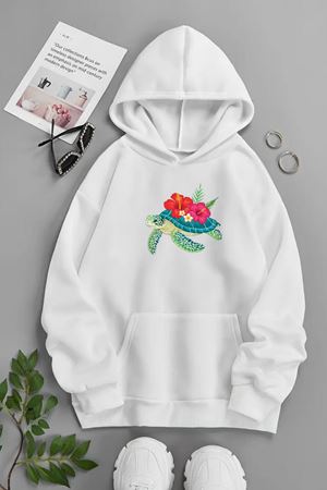 Unisex Beyaz Kapüşonlu Sweatshirt – Kaplumbağa ,Baskılı Şardonlu Kalın Kumaş