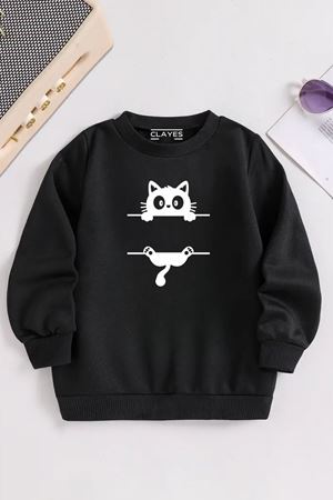 Çocuk Siyah Bisiklet Yaka ŞİRİN KEDİ Baskılı, Kışlık Kalın Şardonlu Kumaş