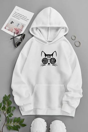 Unisex Beyaz Kapüşonlu Sweatshirt – Good Vibes Kedi ,Baskılı Şardonlu Kalın Kumaş