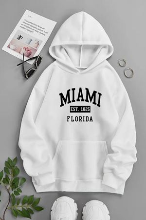 Unisex Beyaz Kapüşonlu Sweatshirt – Miami Florida ,Baskılı Şardonlu Kalın Kumaş