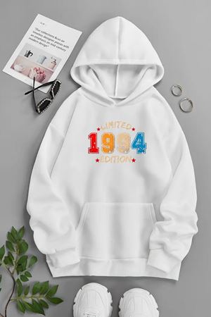 Unisex Beyaz Kapüşonlu Sweatshirt – Limited 1994 ,Baskılı Şardonlu Kalın Kumaş