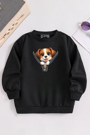 Çocuk Siyah Bisiklet Yaka FERMUAR KÖPEK Baskılı, Kışlık Kalın Şardonlu Kumaş