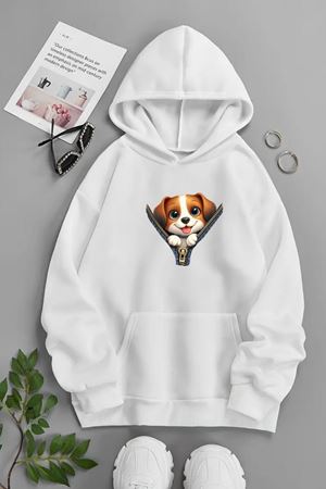 Unisex Beyaz Kapüşonlu Sweatshirt – Zip Köpek,Baskılı Şardonlu Kalın Kumaş