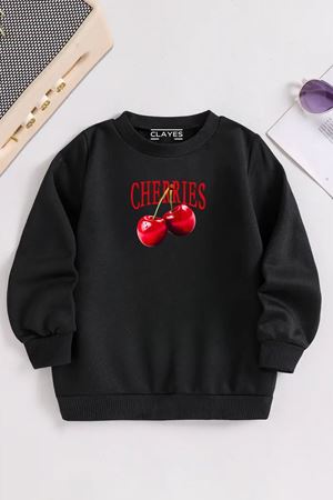 Çocuk Siyah Bisiklet Yaka CHERRIES Baskılı, Kışlık Kalın Şardonlu Kumaş