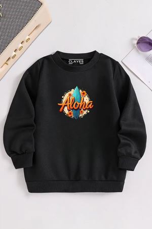 Çocuk Siyah Bisiklet Yaka ALOHA Baskılı, Kışlık Kalın Şardonlu Kumaş