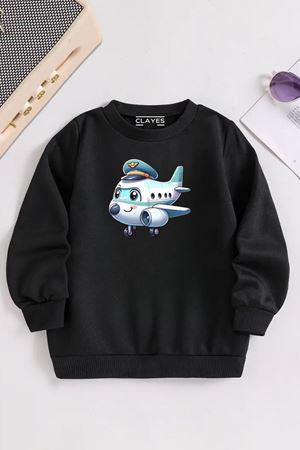 Çocuk Siyah Bisiklet Yaka KAPTAN UÇAK Baskılı, Kışlık Kalın Şardonlu Kumaş
