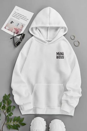 Unisex Beyaz Kapüşonlu Sweatshirt – MİNİMAL BOS ,Baskılı Şardonlu Kalın Kumaş