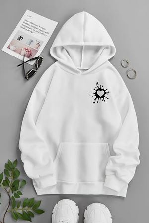 Unisex Beyaz Kapüşonlu Sweatshirt – Kalp Damla Minimal ,Baskılı Şardonlu Kalın Kumaş