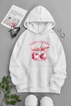 Unisex Beyaz Kapüşonlu Sweatshirt – VERY CHERRY ,Baskılı Şardonlu Kalın Kumaş