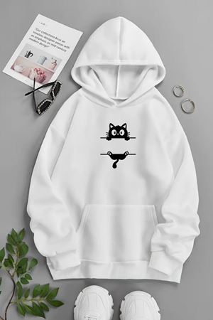 Unisex Beyaz Kapüşonlu Sweatshirt – Çizgi Kedi ,Baskılı Şardonlu Kalın Kumaş