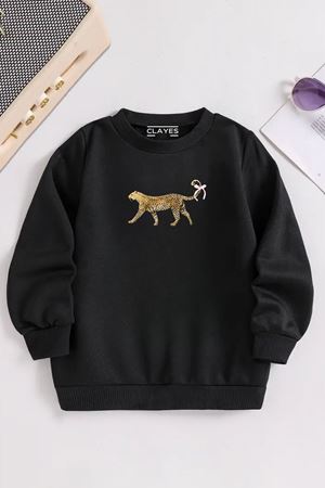 Çocuk Siyah Bisiklet Yaka LEOPAR DESENLİ Baskılı, Kışlık Kalın Şardonlu Kumaş