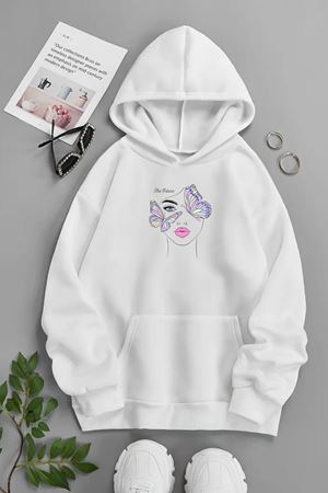 Unisex Beyaz Kapüşonlu Sweatshirt – Kelebek Yüz ,Baskılı Şardonlu Kalın Kumaş