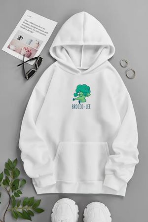Unisex Beyaz Kapüşonlu Sweatshirt – Brocco Lee ,Baskılı Şardonlu Kalın Kumaş