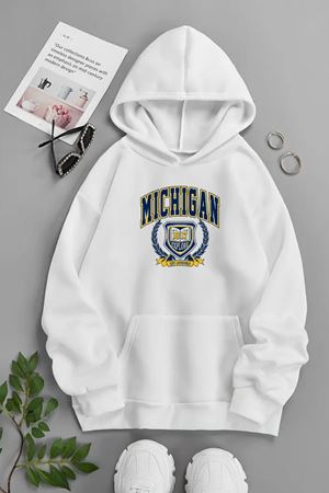Unisex Beyaz Kapüşonlu Sweatshirt – MİCHİGAN EXPLORE ,Baskılı Şardonlu Kalın Kumaş