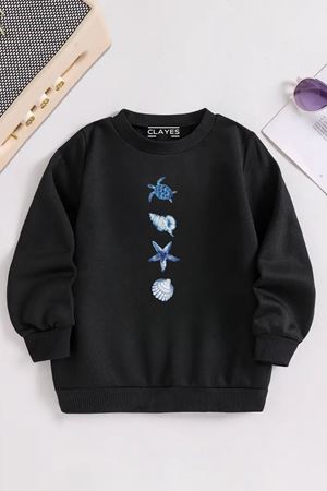 Çocuk Siyah Bisiklet Yaka DİKEY DENİZ CANLILARI Baskılı, Kışlık Kalın Şardonlu Kumaş