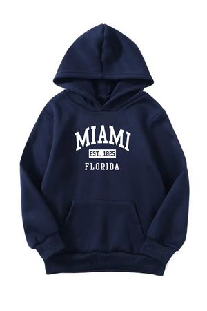 Unisex Oversize Şardonlu Kışlık Miami Florida Baskılı Kapüşonlu Sweatshirt - Lacivert
