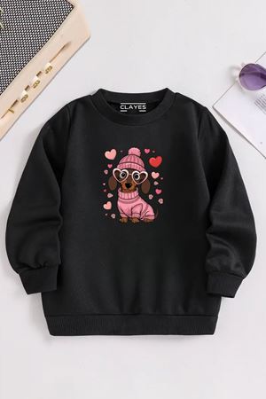Çocuk Siyah Bisiklet Yaka KALP KÖPEK Baskılı, Kışlık Kalın Şardonlu Kumaş