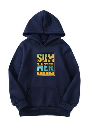 Unisex Oversize Şardonlu Kışlık Summer Vibes Baskılı Kapüşonlu Sweatshirt - Lacivert