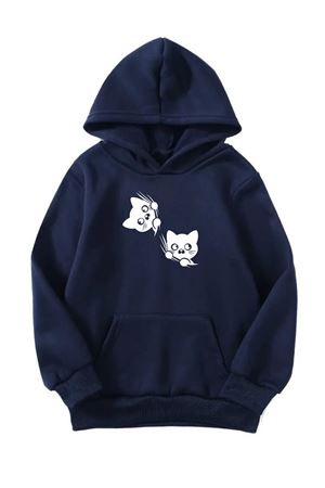Unisex Oversize Şardonlu Kışlık İki Kedi Baskılı Kapüşonlu Sweatshirt - Lacivert