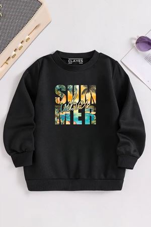 Çocuk Siyah Bisiklet Yaka SUMMER VIBES Baskılı, Kışlık Kalın Şardonlu Kumaş