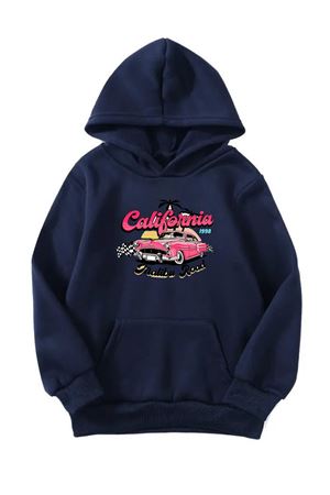 Unisex Oversize Şardonlu Kışlık California Classic Araba Baskılı Kapüşonlu Sweatshirt - Lacivert