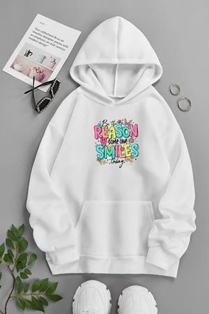 Unisex Beyaz Kapüşonlu Sweatshirt – REASON SMİLE ,Baskılı Şardonlu Kalın Kumaş