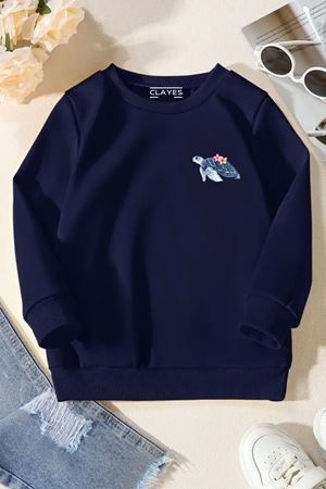 Unisex Lacivert Cocuk Bisiklet Yaka Sweatshirt –Kaplumbağa Minimal,Baskılı Şardonlu Kalın Kumaş