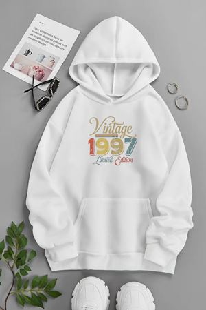 Unisex Beyaz Kapüşonlu Sweatshirt – VİNTAGE LİMİTED EDİTİON ,Baskılı Şardonlu Kalın Kumaş