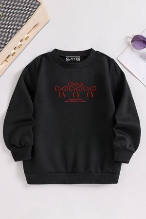 Çocuk Siyah Bisiklet Yaka CHERIE FİYONK Baskılı, Kışlık Kalın Şardonlu Kumaş