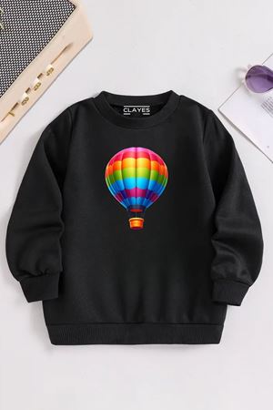 Çocuk Siyah Bisiklet Yaka UÇAN BALON Baskılı, Kışlık Kalın Şardonlu Kumaş