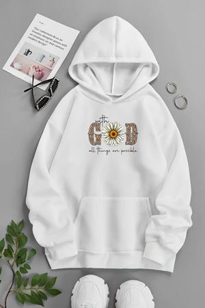 Unisex Beyaz Kapüşonlu Sweatshirt – WİTH GOD ,Baskılı Şardonlu Kalın Kumaş